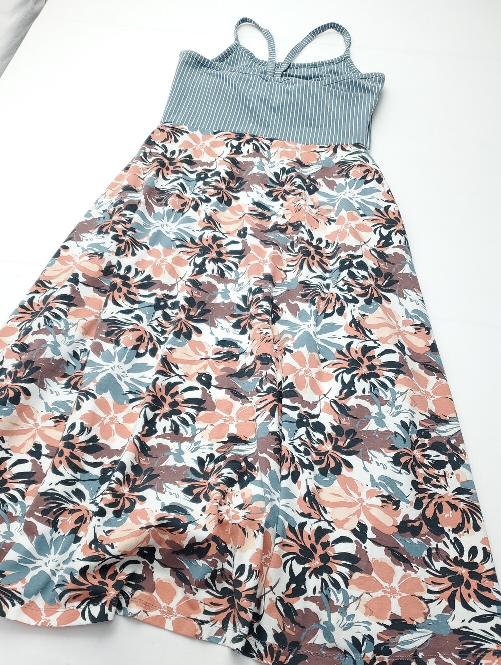 Pact Fit & Flare Strappy Midi Dress Lake Blossoms/Stripe Cotton Cozy Autumn Sz M - Picture 11 of 13